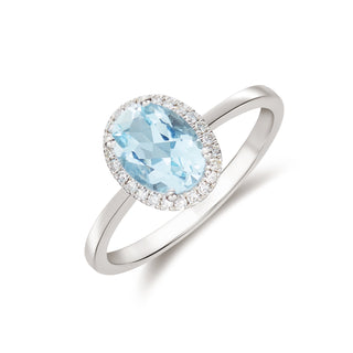 9K White Gold Oval Aquamarine & Diamond Halo Ring