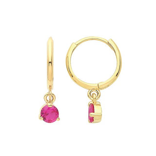 9K Yellow Gold Red CZ Drop Hoop Earrings