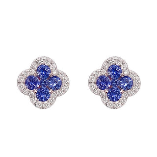 18K White Gold Blue Sapphire & Diamond Clover Stud Earrings