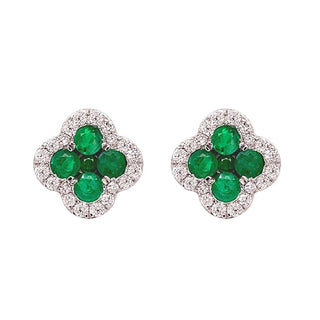 18K White Gold Emerald & Diamond Clover Stud Earrings