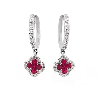 18K White Gold Ruby & Diamond Clover Hoop Earrings