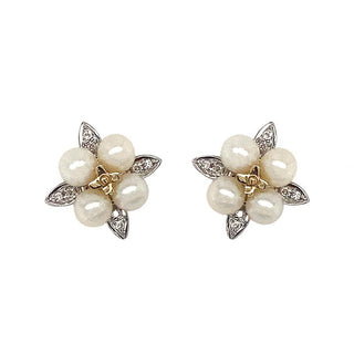 9K Yellow Gold Pearl & Diamond Flower Stud Earrings