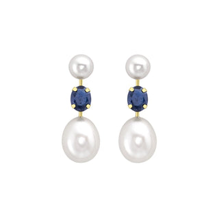 9K Yellow Gold Sapphire & Freshwater Pearls Stem Drop Earrin