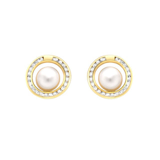 9K Yellow Gold CZ & Freshwater Pearl Stud Earrings