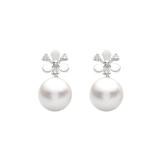 18K White Gold Akoya Pearl & Diamond Floral Stud Earrings