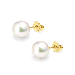 18K Yellow Gold Akoya AAA Grade Pearl Stud Earrings 9.5mm