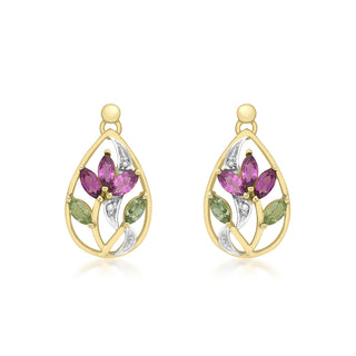 9K Yellow Gold Small Tourmaline & Diamond Lotus Earrings