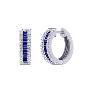 9K White Gold 3 Row Sapphire & Diamond Hoop Earrings