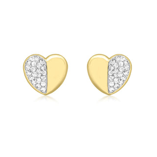 9K Yellow Gold CZ Half-Pave Set Heart Stud Earrings