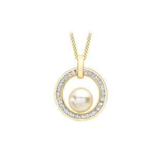 9K Yellow Gold CZ Cutout Circle & Freshwater Pearl Pendant