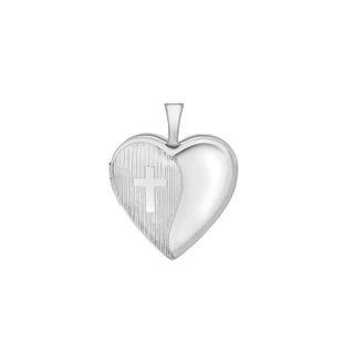 9K White Gold Etched-Cross-Detail Heart Locket