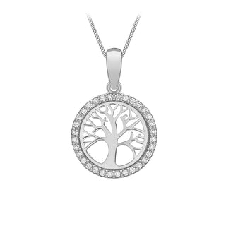 9K White Gold CZ Tree Of Life Pendant