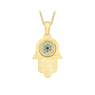 9K Yellow Gold Evil Eye CZ Hamsa Pendant