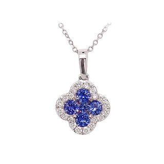 18K White Gold Blue Sapphire & Diamond Clover Necklace /17''