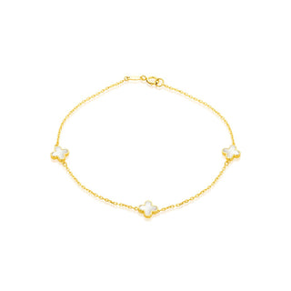 9K Yellow Gold Mother Of Pearls Clover Petals Bracelet /7.5"