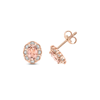 9ct Yellow Gold Oval Morganite and Diamond Stud Earrings